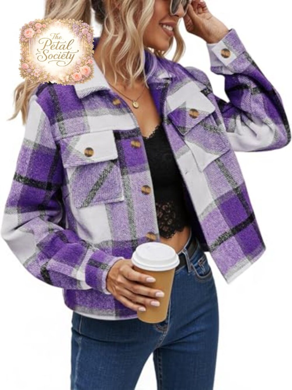 Cropped Plaid Shacket Jacket Long Sleeve Button Down Shirt